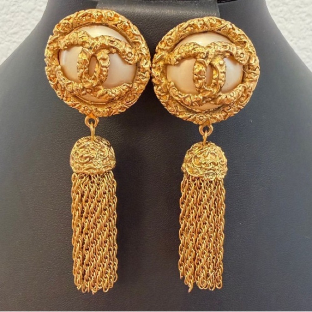 Chanel Faux Pearl Fringe Clip Earrings